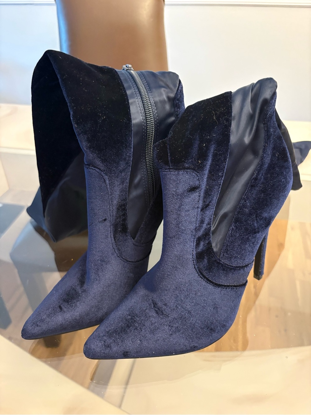 Freya Thigh-High Over-the-Knee Pointed Toe Stiletto Zip Boots Navy 8.5